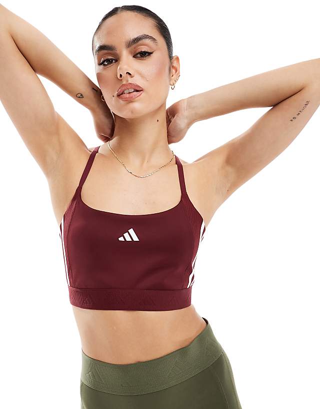 asos adidas Training Hyperglam light support sports bra in burgundy