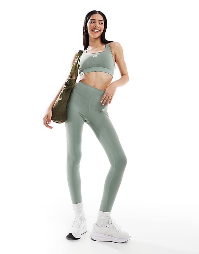 Asos Adidas Training Power React Mid Support Sports Bra In Silver Green
