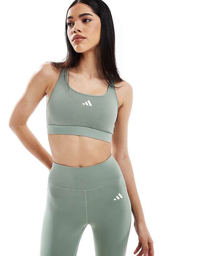 asos adidas Training Power React mid support sports bra in silver green