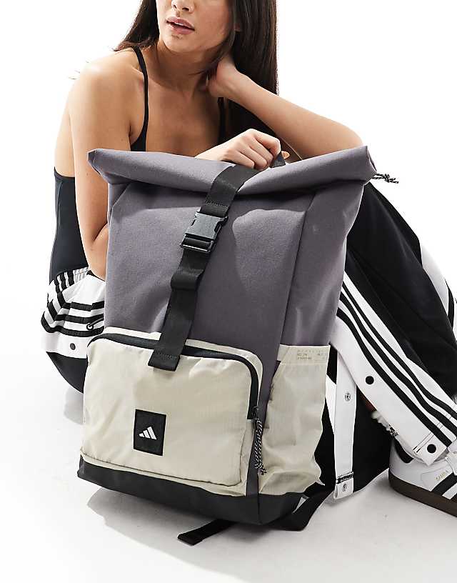 Asos Adidas Training Roll Top Backpack In Grey And Stone