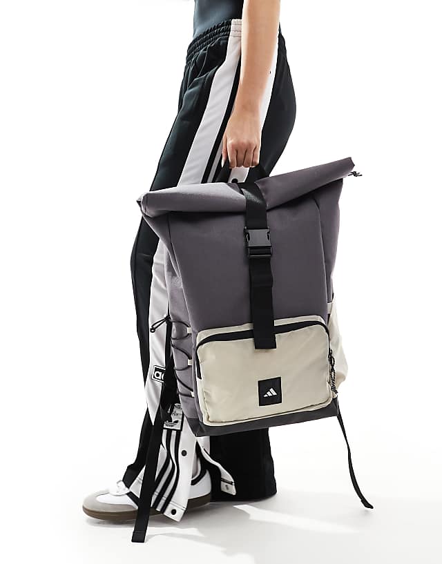 Asos Adidas Training Roll Top Backpack In Grey And Stone