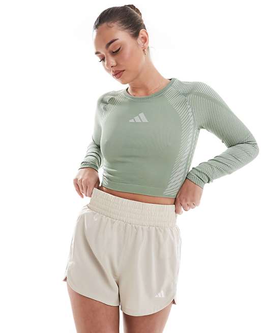 asos adidas Training seamless long sleeve crop top in silver green