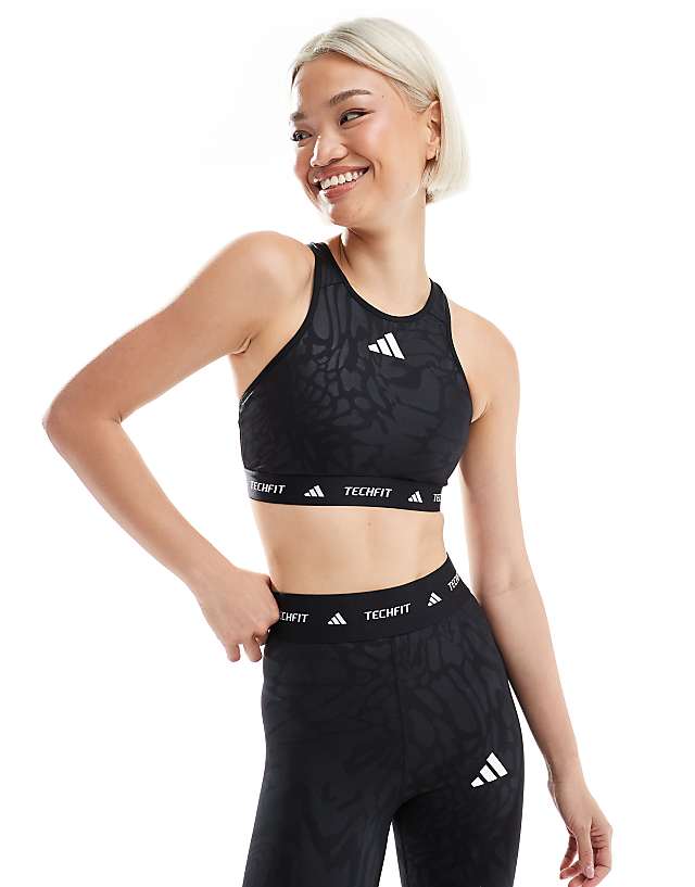 Asos Adidas Training Tech Fit Sports Bra In Black Print