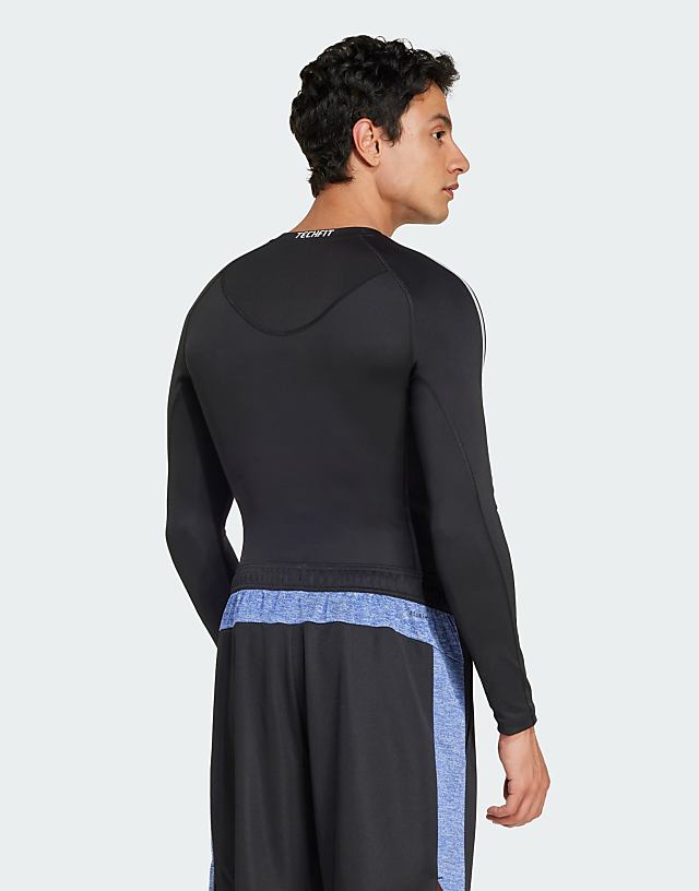 Asos Adidas Training Techfit Compression 3-stripes Long Sleeve Top In Black