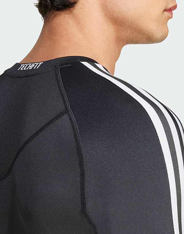 Asos Adidas Training Techfit Compression 3-stripes Long Sleeve Top In Black