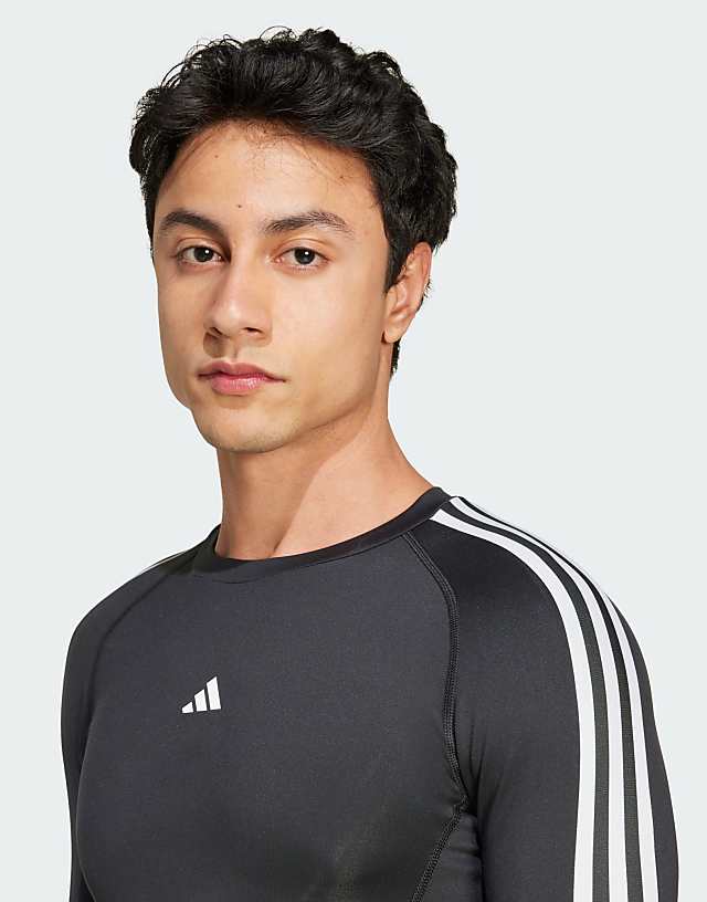 Asos Adidas Training Techfit Compression 3-stripes Long Sleeve Top In Black
