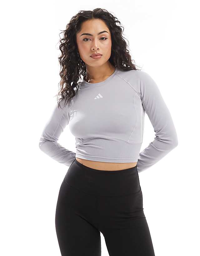 asos adidas Training Train Essentials long sleeve crop top in grey