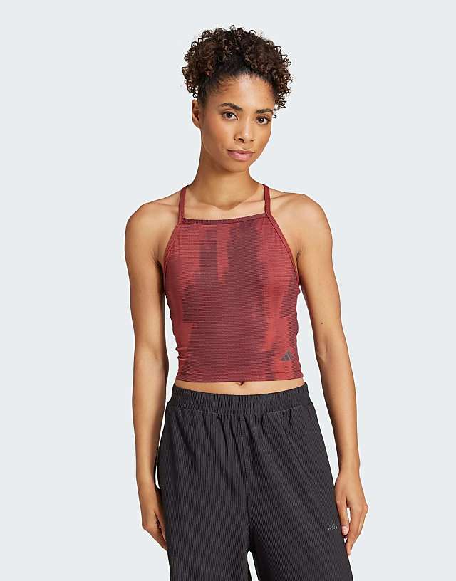 asos adidas Training Yoga strap back vest top in burgundy print
