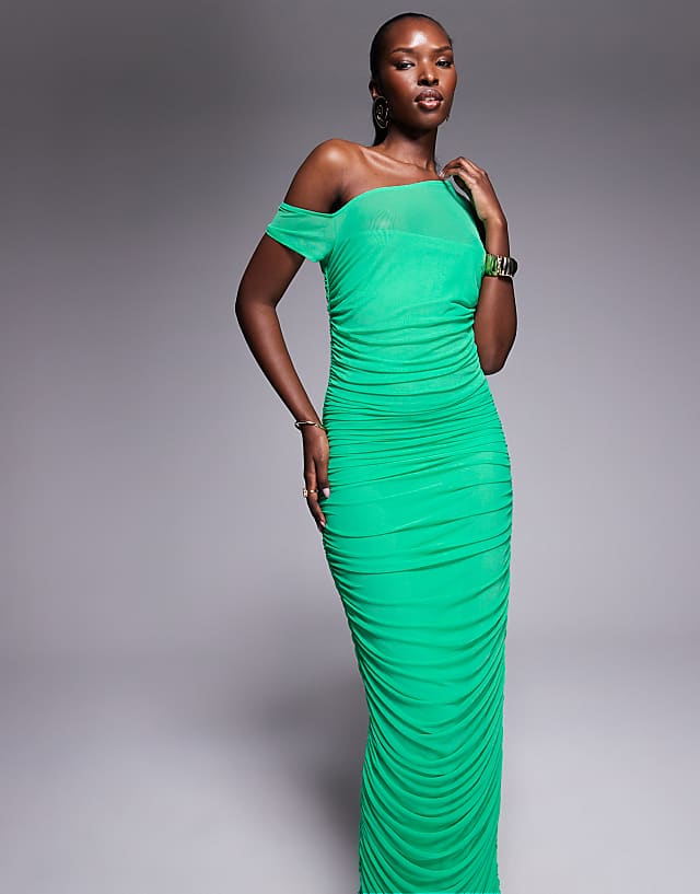 Asos AFRM Asymmetric Power Mesh Midaxi Dress In Bold Green