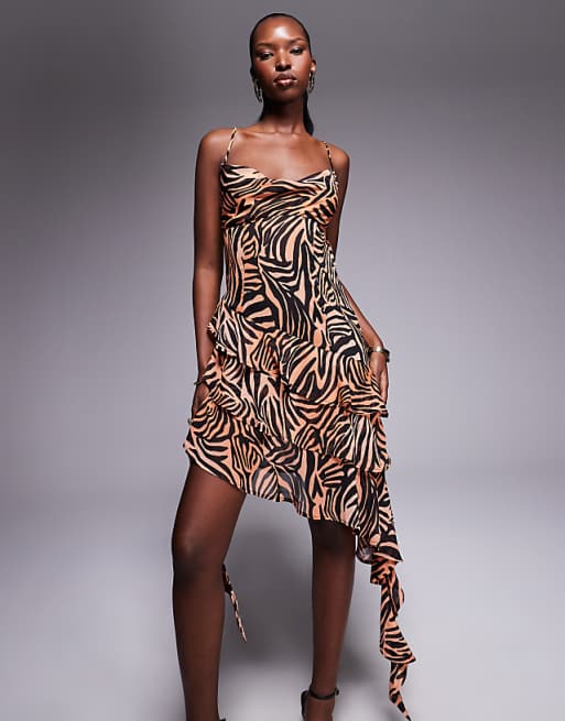 Asos AFRM Asymmetric Ruffle Backless Mini Dress In Ombre Zebra