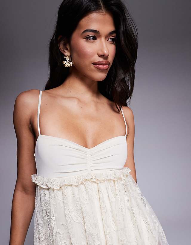 Asos AFRM Babydoll Lace Mini Dress With Built In Bodysuit In Cream