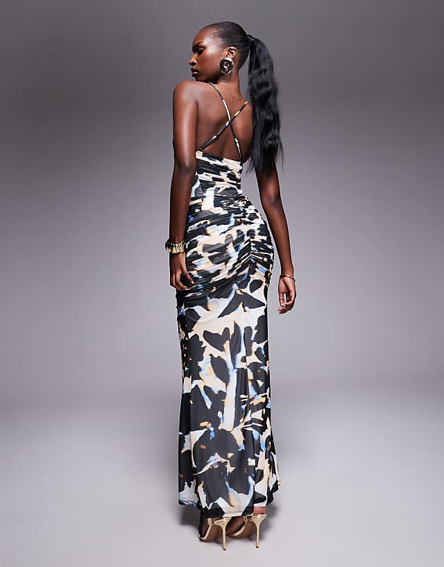 Asos AFRM Halter Neck Ruffle Power Mesh Maxi Dress In Shadow Flower