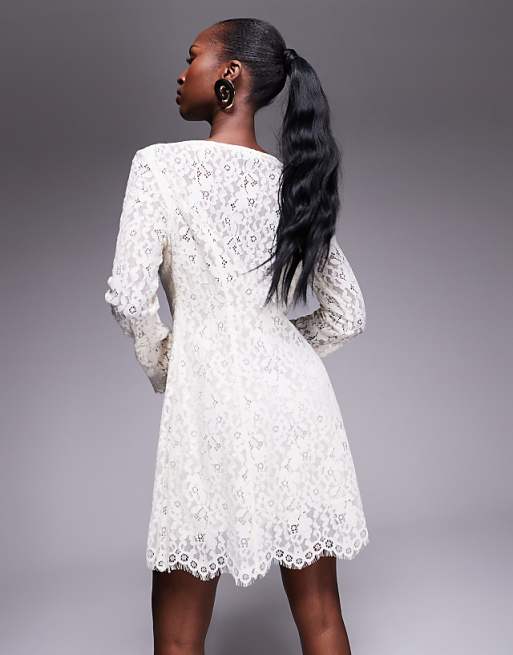 Asos AFRM Long Sleeve Keyhole Lace Mini Dress In Cream