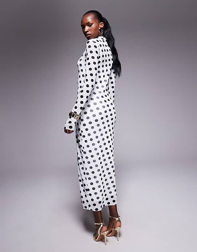 Asos AFRM Long Sleeve Power Mesh Midi Dress In Blanc Dot