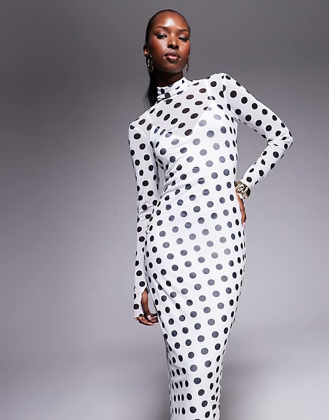 Asos AFRM Long Sleeve Power Mesh Midi Dress In Blanc Dot
