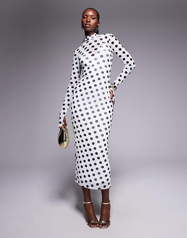 asos AFRM long sleeve power mesh midi dress in blanc dot