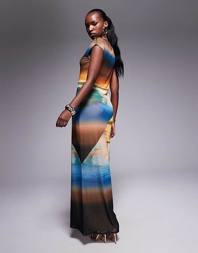 Asos AFRM Power Mesh Midaxi Dress In Ocean Ombre Print