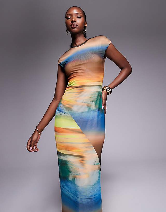 Asos AFRM Power Mesh Midaxi Dress In Ocean Ombre Print