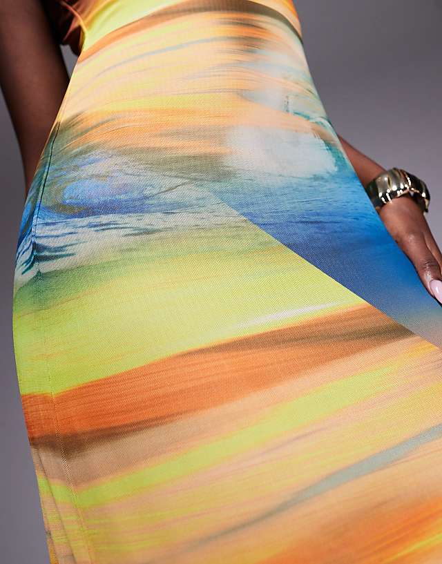 Asos AFRM Power Mesh Midaxi Dress In Ocean Ombre Print