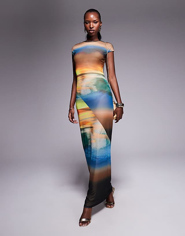 asos AFRM power mesh midaxi dress in ocean ombre print