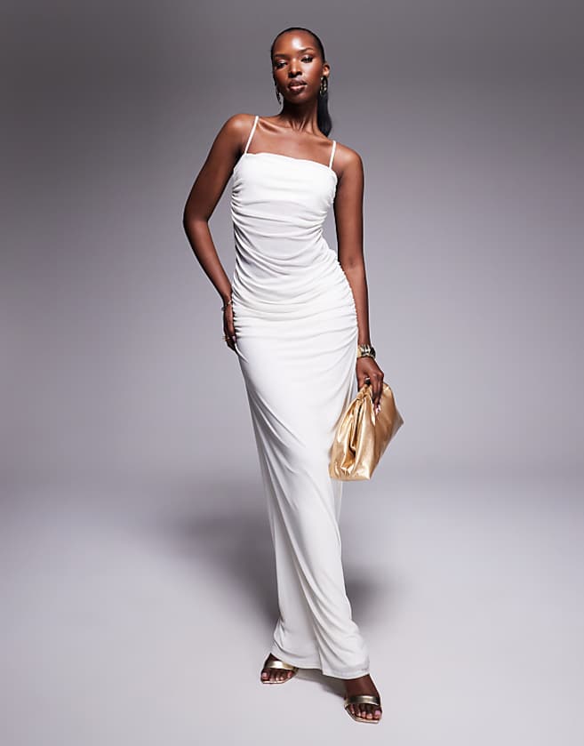 asos AFRM sheer waist power mesh ruched midaxi dress in white