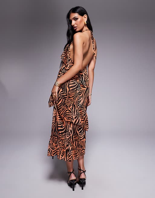 Asos AFRM Tie Back Ruffle Maxi Dress In Ombre Zebra