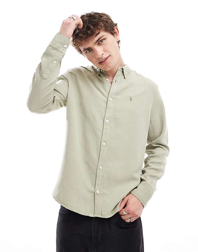 asos AllSaints Laguna long sleeve linen shirt in green