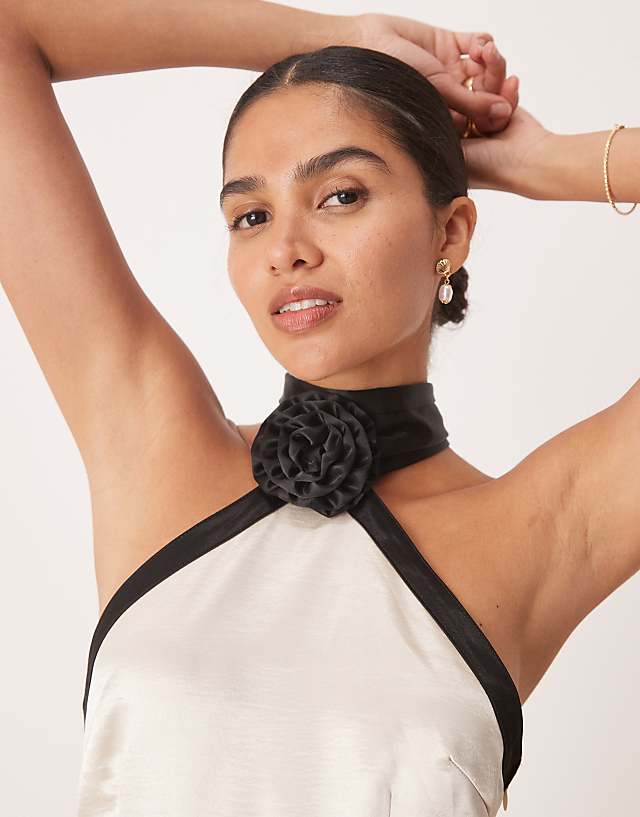 Asos Amy Lynn Contrast Halter Neck Satin Mini Dress In Soft Gold And Black