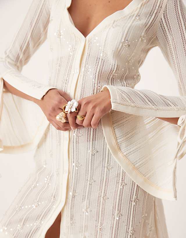 Asos Amy Lynn Embellished Knit Button Through Mini Dress In Cream