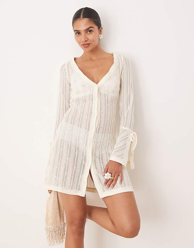 asos Amy Lynn embellished knit button through mini dress in cream