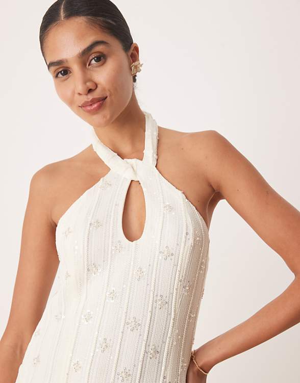 Asos Amy Lynn Embellished Knit Halter Maxi Dress With Drop Hem In Cream