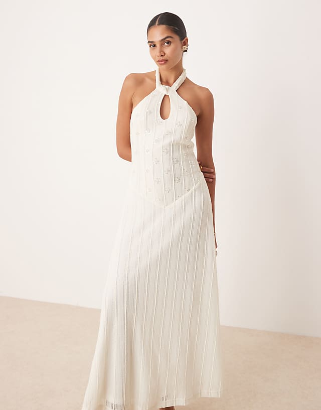 Asos Amy Lynn Embellished Knit Halter Maxi Dress With Drop Hem In Cream