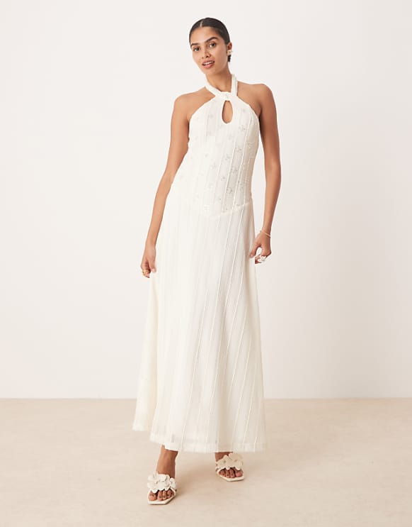 asos Amy Lynn embellished knit halter maxi dress with drop hem in cream