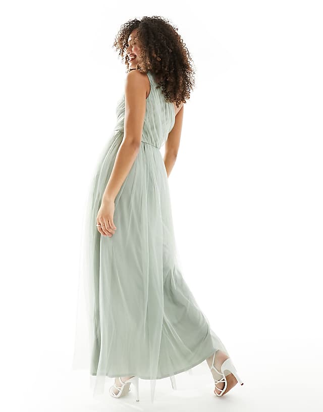 Asos Anaya Bridesmaid Tulle One Shoulder Maxi Dress In Sage Green