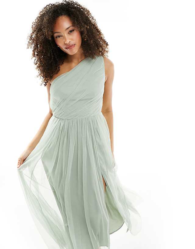 Asos Anaya Bridesmaid Tulle One Shoulder Maxi Dress In Sage Green