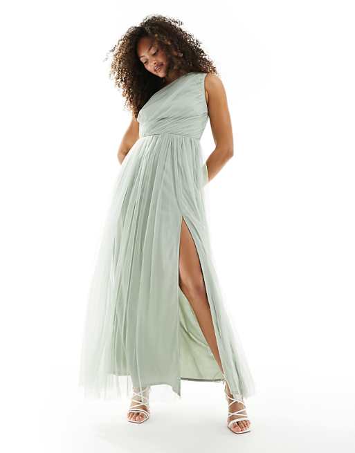 asos Anaya Bridesmaid tulle one shoulder maxi dress in sage green