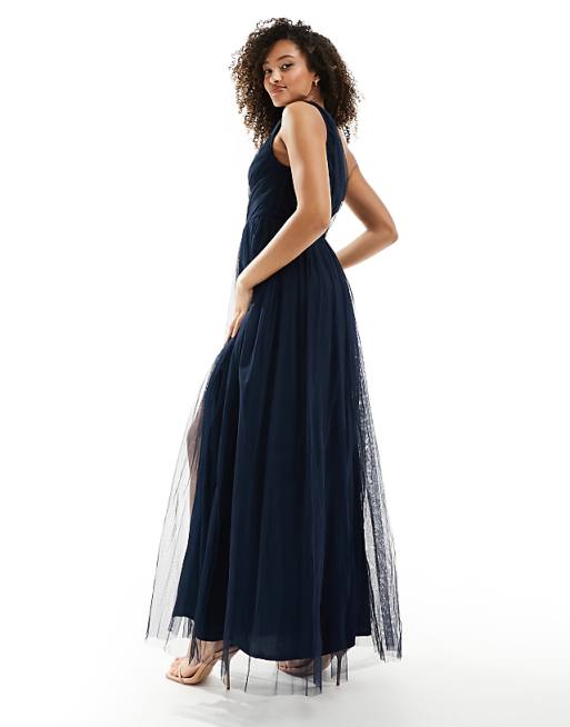 Asos Anaya Bridesmaid Tulle One Shoulder Maxi Dress In Navy