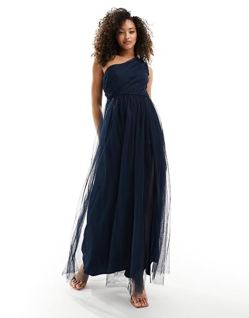 Asos Anaya Bridesmaid Tulle One Shoulder Maxi Dress In Navy