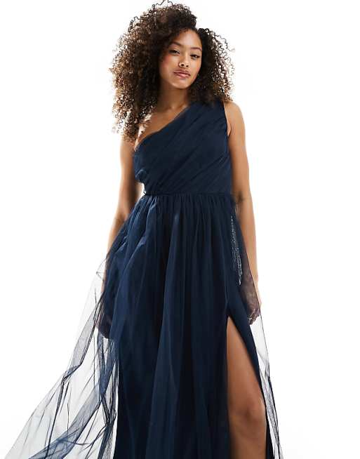 asos Anaya Bridesmaid tulle one shoulder maxi dress in navy