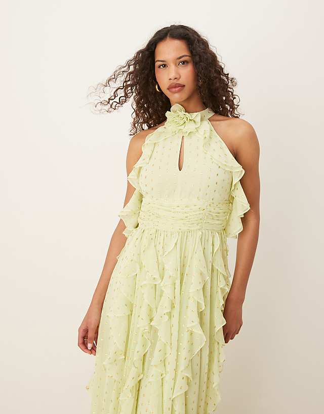 Asos Anaya Cold Shoulder Waterfall Ruffle Maxi Dress In Spring Green