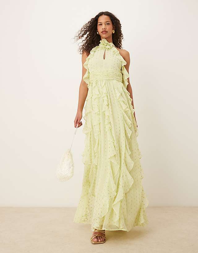 asos Anaya Cold shoulder waterfall ruffle maxi dress in spring green