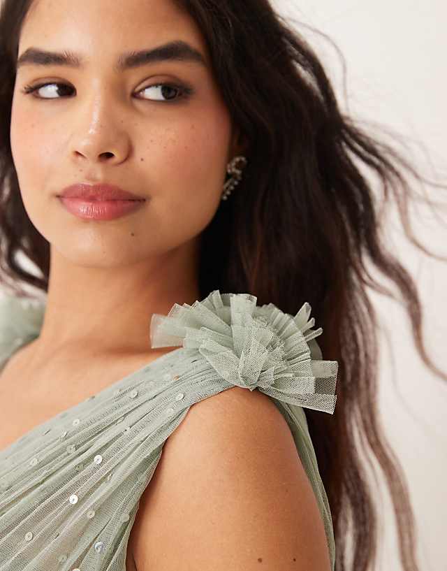 Asos Anaya Embellished Ruffle Shoulder Maxi Bridesmaid Dress In Frosty Green