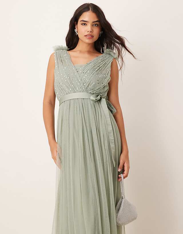 Asos Anaya Embellished Ruffle Shoulder Maxi Bridesmaid Dress In Frosty Green