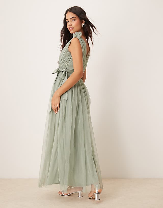 Asos Anaya Embellished Ruffle Shoulder Maxi Bridesmaid Dress In Frosty Green