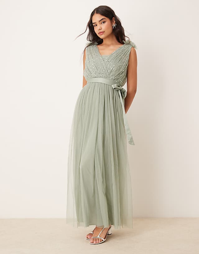 asos Anaya Embellished ruffle shoulder maxi bridesmaid dress in frosty green