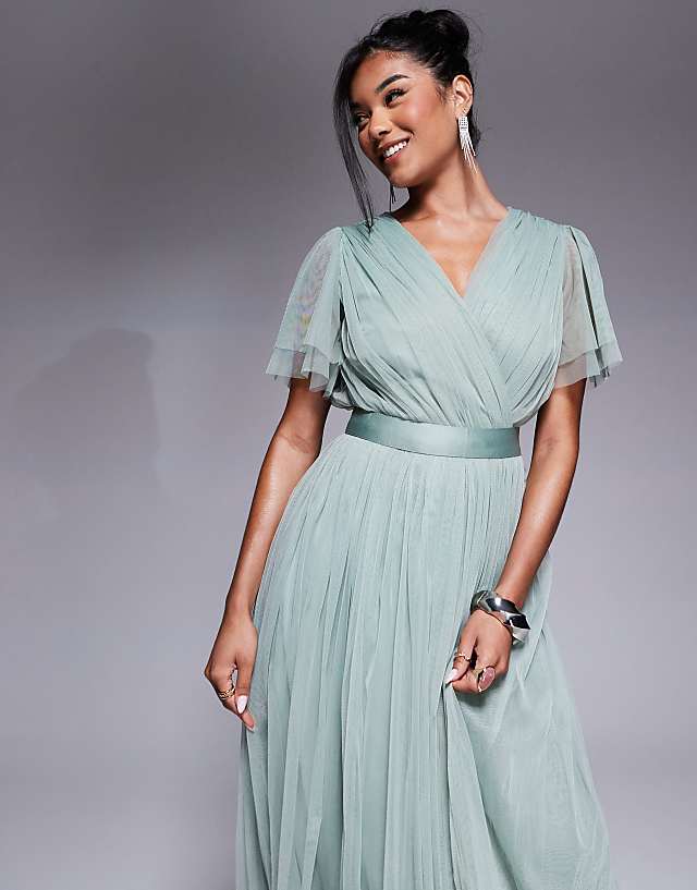 Asos Anaya Faux Wrap Short Sleeve Bridesmaid Maxi Dress In Frosty Green