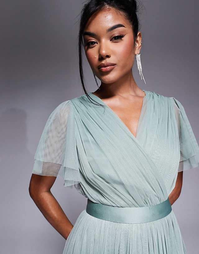 Asos Anaya Faux Wrap Short Sleeve Bridesmaid Maxi Dress In Frosty Green