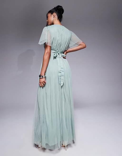 Asos Anaya Faux Wrap Short Sleeve Bridesmaid Maxi Dress In Frosty Green