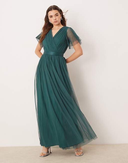 Asos Anaya Faux Wrap Short Sleeve Bridesmaid Maxi Dress In Emerald Green