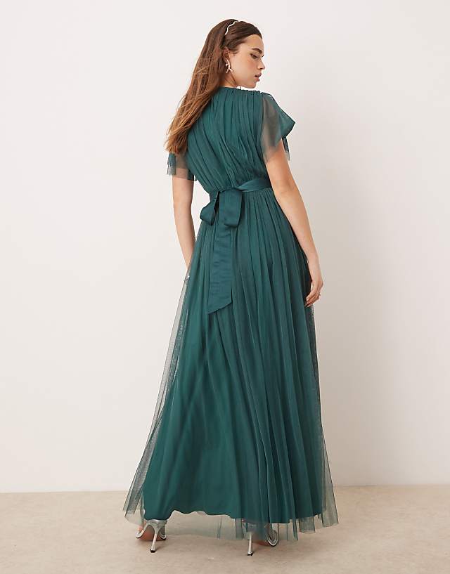 Asos Anaya Faux Wrap Short Sleeve Bridesmaid Maxi Dress In Emerald Green